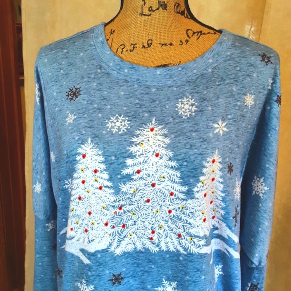 Winter Scene Trees Long Blue Tunic Long Sleeve Sz L - Picture 2 of 13